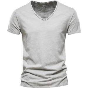 Mannen V-hals Korte Mouw Katoenen T-shirt Mannelijke Mode Trendy Slim Fit Soild Tees Tops, Grijs, S
