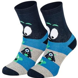 Piarini 2 paar antislipsokken voor kinderen, ABS-sokken, antislipsokken met noppen van katoen, voor jongens en meisjes, blauw monster, 27-30