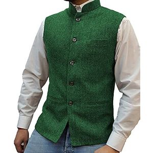 Heren Visgraat Wollen Vest Pak Zakelijk gilet van tweed met hoge kraag(X-Large, Groen)