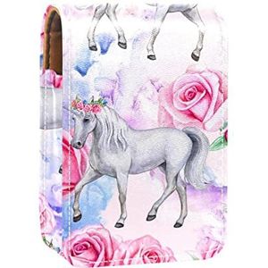 Gepersonaliseerde Lipstick Case Draagbare Make-up Tas Cosmetische Pouch Lippenstift Houder Make-up Organizer Aquarel Wit Eenhoorn Roze Rozen, Meerkleurig, 9.5x2x7 cm/3.7x0.8x2.7 in