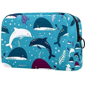 Toilettas Cosmetische Reizen Make-up Organizer Waszak Pouch met Rits Zeeplanten Cartoon Dolfijn Haai Blauw voor Reizen Accessoires Essentials, multi 1, 7.3x3x5.1in, Beauty Case