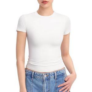 Dames ronde hals korte mouwen tops dubbel gevoerd slim fit T-shirts(White,M)