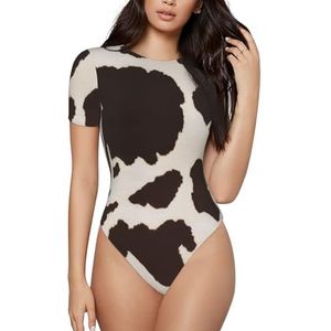 KHDKLXOHZ 3d koeienbont print dames bodysuits - korte mouw shapewear, ronde hals bodysuit, rekbare basic T-shirt tops, casual slim comfortabele pasvorm turnpakje onesie, 3d, S