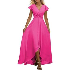 Vrouwen Korte Mouw Bruidsmeisje Jurk Chiffon V-hals Hoge Lage Formele Bruiloft Gast Jurk, roze (hot pink), 56 NL/Plus