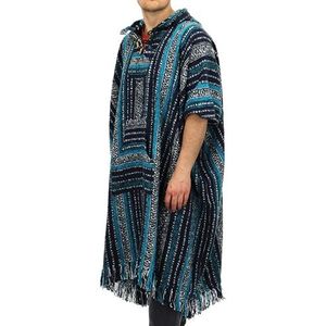 LOUDelephant Geborsteld katoenen lange poncho met capuchon Gheri Mexicaanse stijl hoody, Blauw en wit, one size