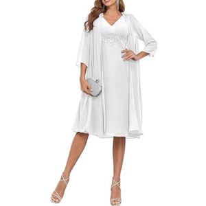 2 Stuks Moeder van de Bruid Jurk voor Bruiloft 3/4 Mouwen Chiffon Avond Prom Jassen met Jas, Wit, 32