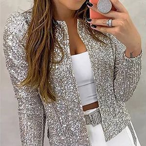 Casual Vrouwelijke Jas Jas Volledige Pailletten Open Front Jas Womens Shiny Party Tops Vest