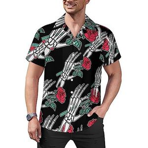 Halloween Rose And Skeleton Arm Heren Casual Button-Down Shirts Korte Mouw Cubaanse Kraag Tees Tops Hawaiiaans T-shirt M