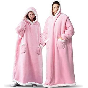 Extra lange hoodie deken sweatshirt, super warm en gezellig grote deken hoodie, draagbare dikke flanellen deken met mouwen en handige zakken voor vrouwen en mannen, roze, L/XL