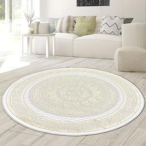 Teppich-Traum Vloerkleed, woonkamer, slaapkamer, laagpolig, oosters, elegant, edel, ornamenten, glanseffect, meandercrème, goud, 120 cm, rond
