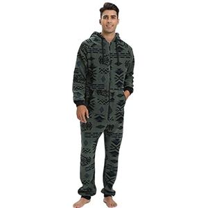 Onesie pyjama voor mannen, Hooded gewatteerde dubbelzijdige fluwelen onesie thuis jurk pyjama, Groen, XXL