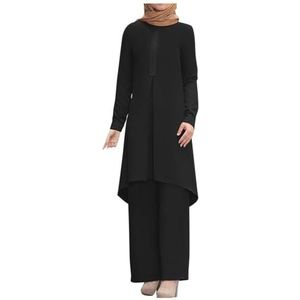 UPPJPBSW Muslim Vrouwen Plus Size Linnen Lounge Set - 2-Delige Outfit Losse Lange Mouw Tuniek Shirt met Gespleten Zoom Wijde Broek,zwart,3XL