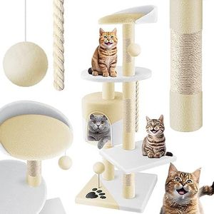 Kesser Krabpaal, kattenboom, klimboom, met sisalstammen, stevig, holletjes, speelballen, speeltouw, hoogte 112 cm, met vele rust- en speelmogelijkheden, beige/wit