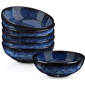 vicrays Rijst Dessert Granen Kommen 6 Stuk Aardewerk Vintage Look Keramische Sterrenblauwe Grote Serveerkom, Soep/Mixen/Fruit/Noedel/Ramen China Bowl, Capaciteit van 940 ml. (18x18x6,3 cm)