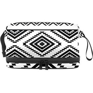 Dubbellaags Cosmetische Tas Zwart en Wit Tribal Draagbare Make-up Tas Reizen Organizer Pouch Voor Vrouwen Meisjes Toiletries Tassen, Meerkleurig, 27x15x14 cm/10.6x5.9x5.5 in, Make-up zakje