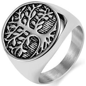Retro Europese en Amerikaanse stijl fortitanium stalen levensboom ring ring mannen gepersonaliseerde grote trigger vinger niche sieraden items (Color : Steel, Size : 10#)