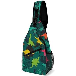 Kleurrijke dinosaurussen op groene camouflage reizen crossbody tas sling rugzak wandelen borst schoudertas fanny pack dagrugzak geschenken voor vrouwen mannen