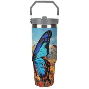 FHECVBN Grote Capaciteit Auto Cup Koffie Tumbler Grote Vlinder Koffie Mok Flip Stro Tumbler Rvs Cup Geïsoleerde Tumbler Travel Mok 30oz