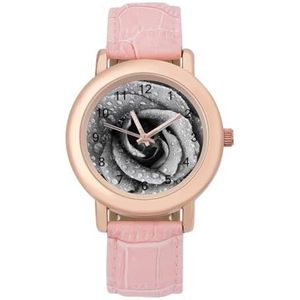 Zwart Wit Romantische Rose Vrouwen Horloge PU Band Polshorloge Quartz Roze Valentijnsdag Gift