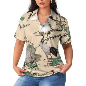 Japanse kraanvogel witte vogels dames poloshirts met korte mouwen casual T-shirts met kraag golfshirts sport blouses tops L
