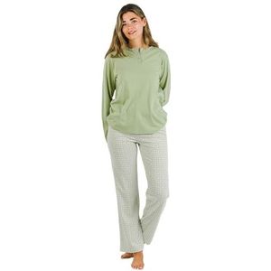 TRAMAS+ Damespyjama van 100% katoen, lange pyjama voor dames, T-shirt met lange mouwen en lange broek met verstelbare tailleband, set voor dames, Michelle jachtgroen, L