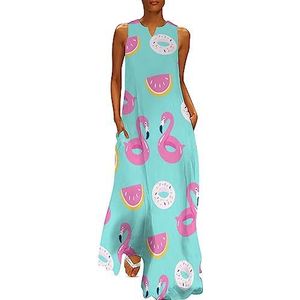 Zomerzwembad drijvend met flamingo, enkellengte jurk voor dames, slanke pasvorm, mouwloze maxi-jurk, casual zonnejurk, M