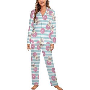 Roze Grappige Mopshond En Donut Pyjama Sets Met Lange Mouwen Voor Vrouwen Klassieke Nachtkleding Nachtkleding Zachte Pjs Lounge Sets