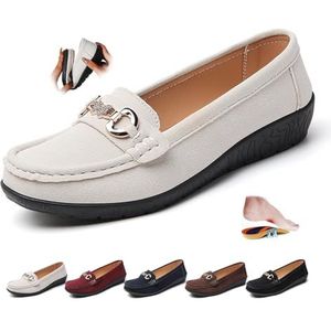 ZPLMIDE Vrouwen Orthopedische Suede Lederen Loafers Retro Dames Mocassins Rijden Mocs Comfort Slip-On Mode Boot Schoenen Wedge Hakken, Beige, 43 EU