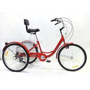 Driewielige fiets, 3-wielige kruiserfiets, Volwassen 7-speed 24-inch, met lendensteun Lichte fiets, Groene reiswinkelfiets (Size : Red)