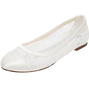 Emily Bridal Kant Bruiloft Schoenen Platte Ivoor Pompen Ronde Instapper Bruids Schoenen 39EU