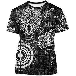 Heren Viking Celtic Wolf Rune T-Shirts, Noorse Odin Fenrir Cool Tattoo 3D Print Korte Mouwen, Noorse Mythologie Vintage Casual Losse Trui Tops Tees Streetwear