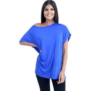 Hamishkane® Bardot Baggy-stijl oversized T-shirt voor dames - nieuwe effen dames off-shoulder vleermuistop, modieuze damestops voor casual feestkleding, koningsblauw, 42-44 grote maten
