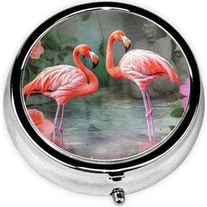 Twee rode flamingo's print pillendoos 3 compartimenten kleine pillenetui met spiegel pillenorganisator voor outdoor reizen zak portemonnee