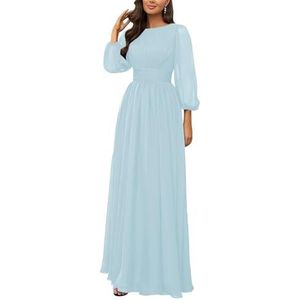 KURFACE Bruidsmeisjesjurken met lange mouwen, geplooide ronde hals, chiffon, bruidsmeisje, formele avondjurk, Lichtblauw, 32