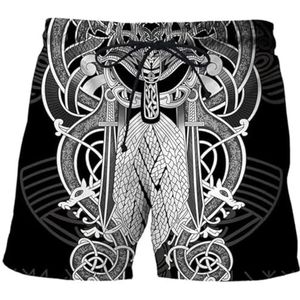 3D geprinte Odin's Raven Shorts - Nieuwe Nordic Yggdrasil Tattoo Heren Plus Size Harajuku Sportshorts - Middeleeuwse Viking Pagan Warrior Losse Ademende Shorts (Color : Warrior B, Size : L)