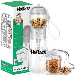MYDAISY Drinkfles voor onderweg, 550 ml, met 100 g voerbak, lekvrije drinkfles met grote inhoud, geschikt voor honden en puppy's, hondenaccessoires om mee te nemen