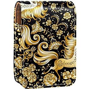 Eenhoorn Gouden Draagbare Lipstick Case voor Reizen, Mini Lipstick Opbergdoos met Spiegel voor Vrouwen Dames, Lederen Cosmetische Pouch, Meerkleurig, 9.5x2x7 cm/3.7x0.8x2.7 in