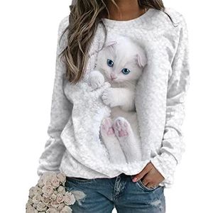 Dames T-shirt met schattige witte kat 3D-print lange mouwen grappige grafische trui sweatshirts, wit, L
