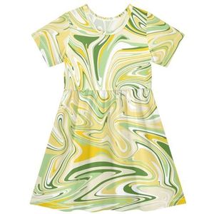 LI ZHI XIN Meisjes Jurk Kinderen Zomer Korte Mouw Ronde Hals Casual Jurken voor Leeftijd 2-8 Artistieke Graffiti Patronen Gouden Groen, Meerkleurig, 2 jaar