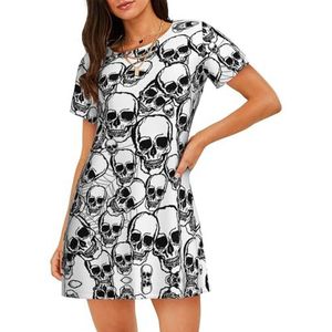 GXUNGT Zwart-wit zomergewaad met schedels en print voor dames, nachtkleding met korte mouwen, zacht en comfortabel, voor thuis en buiten, Zwart, M
