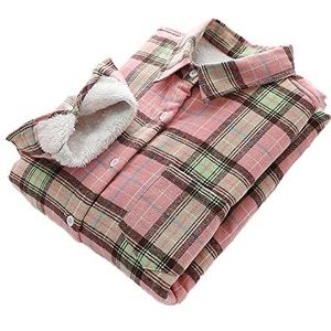 JadeRich Geruite damesoverhemden met lange mouwen, button-down shirts, casual katoenen blouse met fleecevoering, roze, L