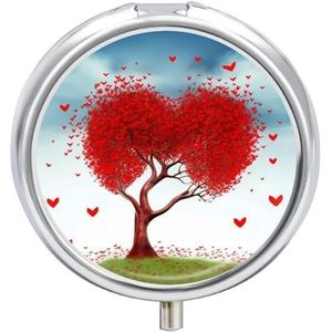Pillendoos voor ronde kleine pillendozen rood hart met boom pillendoosje draagbaar pillendoosje met 3 compartimenten reizen pillendoos met spiegel schattige pillenorganisator pillencontainer voor