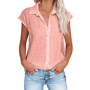 Dames Casual Button Down Shirts Korte Mouw V-hals Oversized Blouses Vrouwelijke Effen Kraag Zomer Tops Plus Size Sale, Mode Dames Tops UK, roze, XL