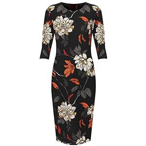 StyleWear Womens Bloemenprint Plus Size Bodycon Crêpe Jurk Dames 3/4 Mouw Ronde Hals Midi Jurk, Zwart, 44