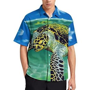 Sea Turtle T-shirt voor heren, korte mouwen, casual button-down, zomer, strandtop, met zak