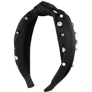Fashion Luxury Jeweled comfortabele zachte stof top knoop parels knopen hoofdband versierd top haarband parel strass breedte rand (zwart)