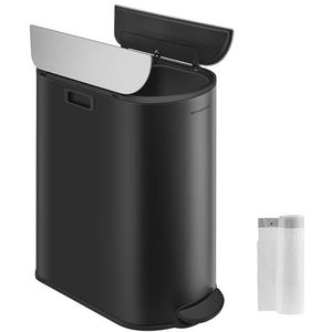 SONGMICS Vuilnisemmer keuken, afvalscheidingssysteem 2 vakken, 30 l en 20 l, smalle afvalemmer, pedaalemmer voor gele zakken en afval, met 2-delig deksel, inktzwart-metallic zilver LTB570B02