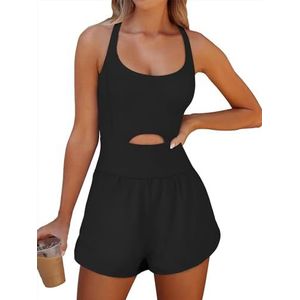 Womens Workout Romper Running Onesie Short Athletic One Piece Jumpsuits Casual Summer Outfits Exercise Gym Clothes (L,Black)