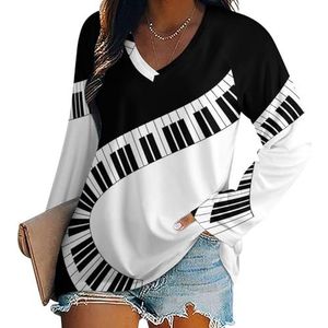 Yin Yang Piano Keys dames casual T-shirts met lange mouwen V-hals bedrukte grafische blouses T-shirt tops XL