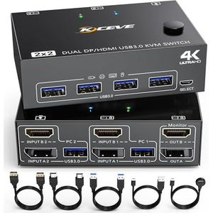 DP HDMI USB 3.0 KVM-switch 2 computers 2 monitoren, twee monitoren Displayport KVM-switcher ondersteunt 4K@60Hz voor 2 computers Deel toetsenbord, muis en monitor